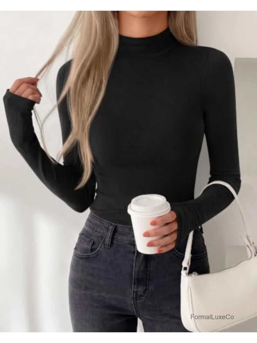 Turtleneck Thumbhole Long Sleeve Shirt - Lightweight Fleece Lining Slim Fit